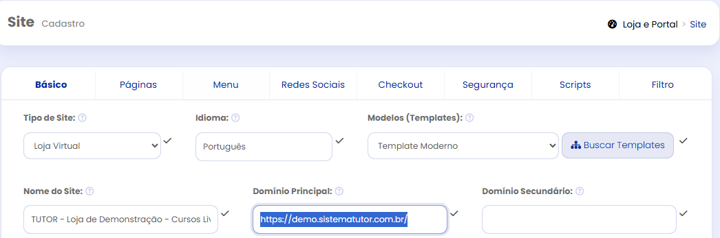 Configuração do domínio principal na Loja