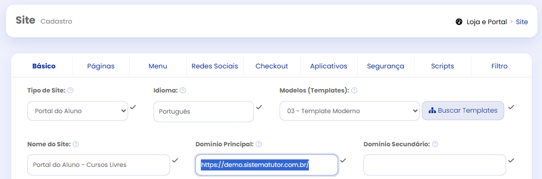 Configuração do domínio principal no Portal do Aluno