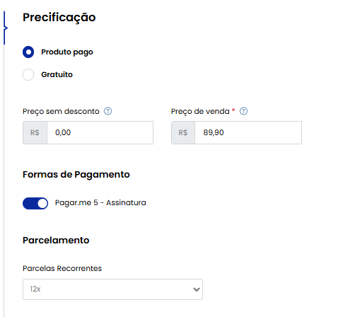 Configuração financeira do produto assinatura